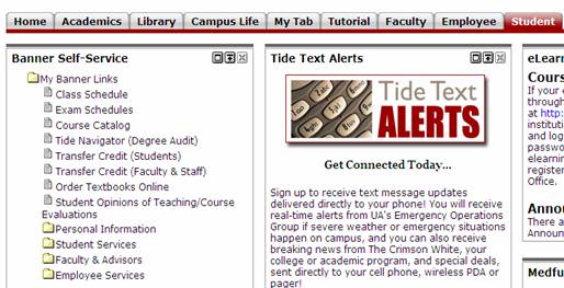 image of mybama showing the student tab