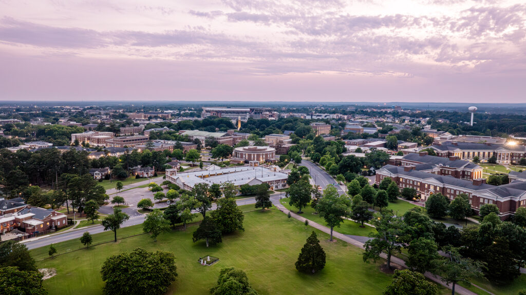 Aerial shot of campus at dusk