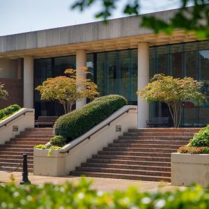 Pretty exterior shot of Law School looking up steps