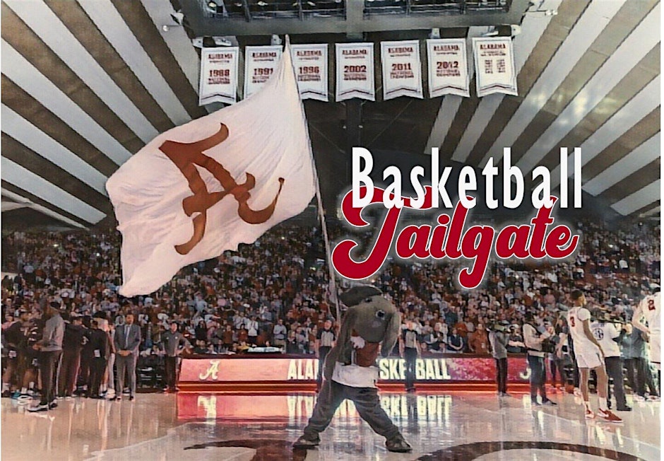 Graphic of Big Al waving a University of Alabama flag in Coleman Coliseum at an Alabama basketball game. 