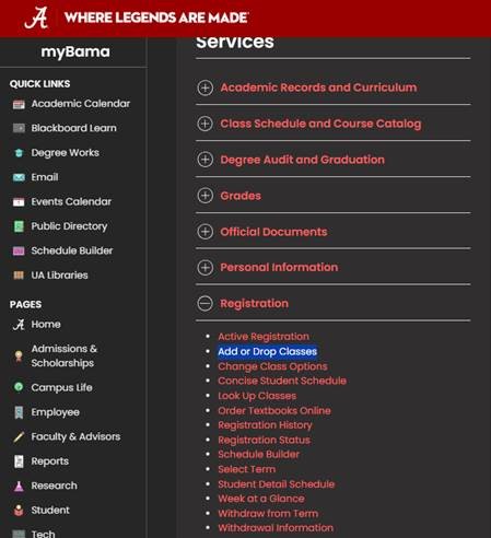 How to add or drop classes in mybama
