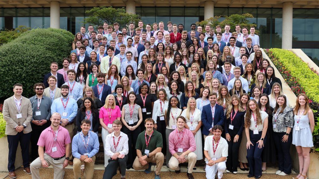 Alabama Law Class of 2028 poses on the front steps of the Law School.