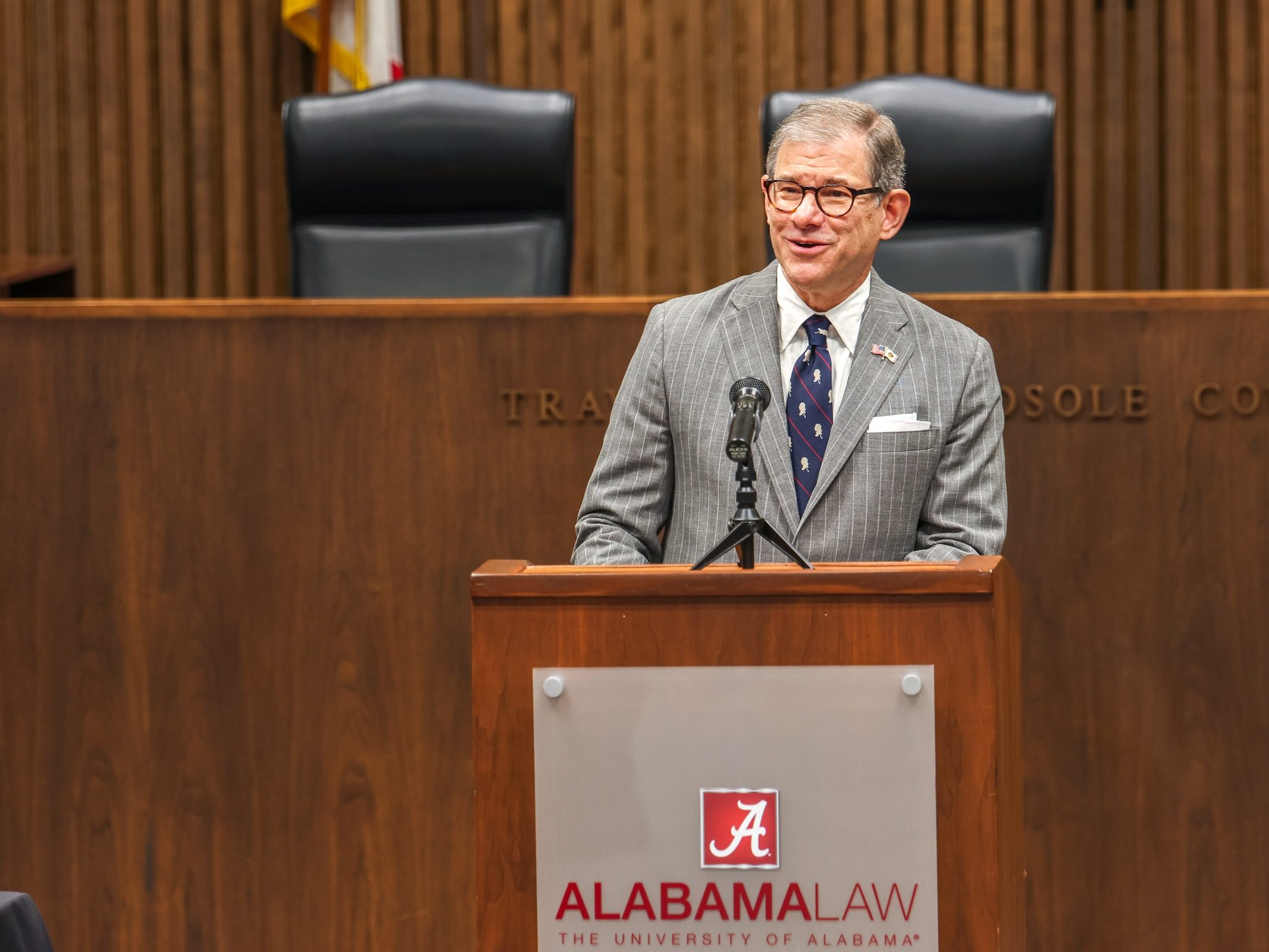 Chief Judge William H. Pryor Jr. of the U.S. Court of Appeals for the Eleventh Circuit behind a podium in the moot courtroom at the Law School.