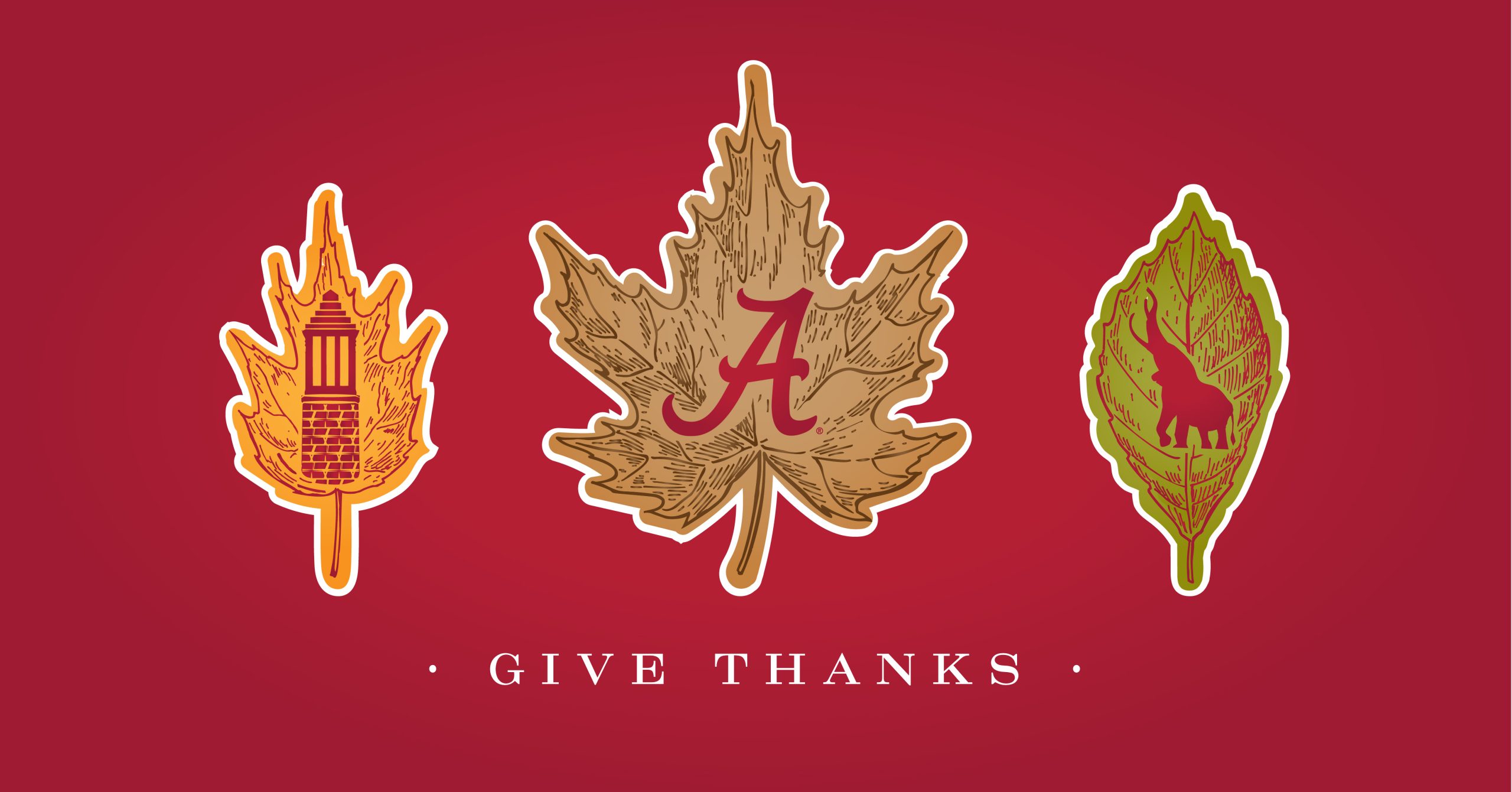 a Thanksgiving themed graphic with three leaves. the leaf on the left is gold with a graphic of denny chimes, the center leaf is brown with an Alabama script A, and the leaf on the right is green with an elephant.