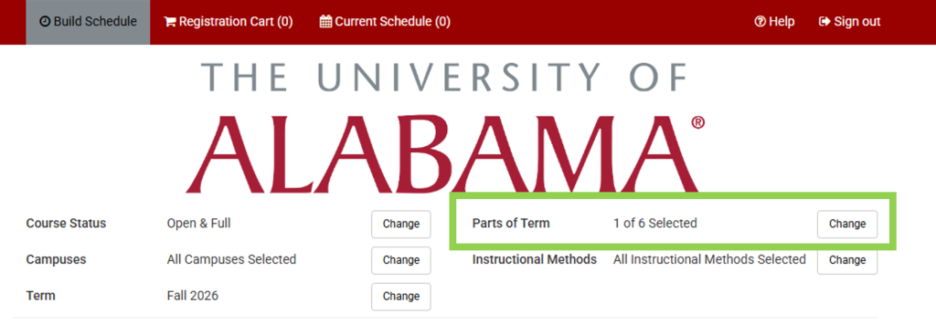Schedule Builder Part of term selection #1.