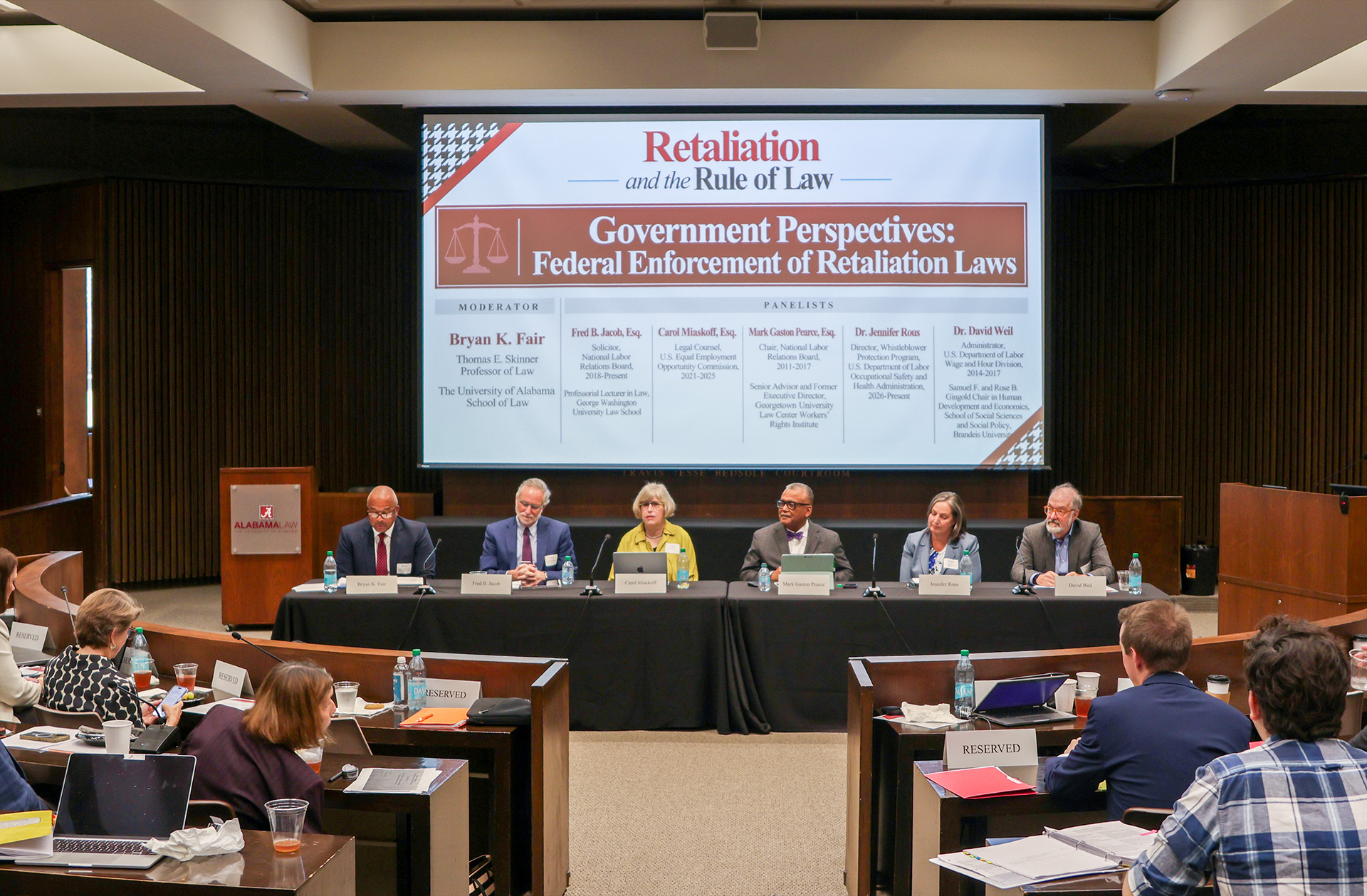 Federal Enforcement of Retaliation Laws panel, with moderator Bryan K. Fair and panelists Fred B. Jacob, Carol Miaskoff, Mark Gaston Pearce, Jennifer Rous, and David Weil