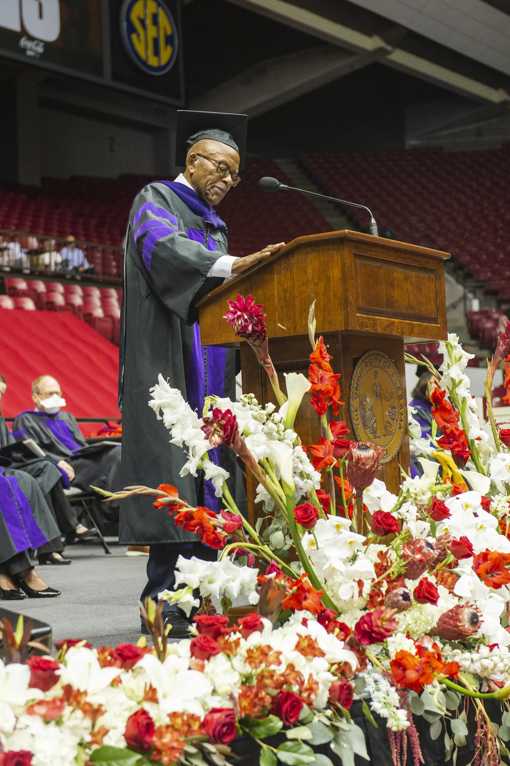 Fred Gray speaks at the 2022 Alabama Law graduation ceremony on the 50th Anniversary of the graduation of the first African American students at Alabama Law. Photo credit: Lynn Cummings Photography