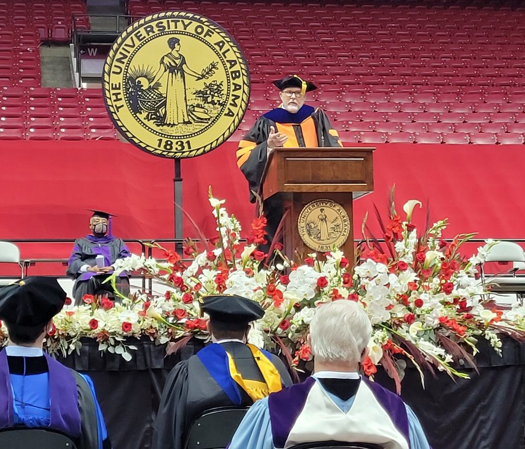 Dean Mark E. Brandon addresses the 2021 and 2020 Alabama Law graduates.