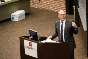 Dean Bill Brewbaker addresses the University of Alabama School of Law Class of 2026 at orientation.